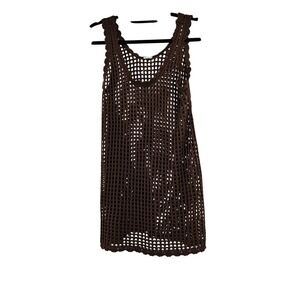 Boho Brown Crochet Knit Tank Dress Cover Up Mini Dress Beach Vacation Small